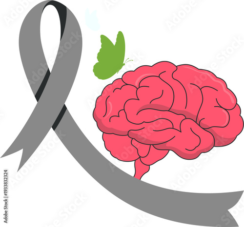 World Parkinson's Day Illustration. Brain, Red Tulip Vector Isolated.