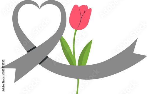 World Parkinson's Day Illustration. Brain, Red Tulip Vector Isolated.