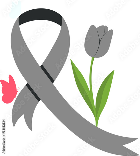 World Parkinson's Day Illustration. Brain, Red Tulip Vector Isolated.