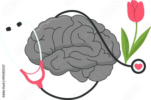 World Parkinson's Day Illustration. Brain, Red Tulip Vector Isolated.