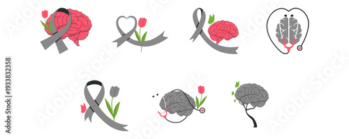 World Parkinson's Day Illustration. Brain, Red Tulip Vector Isolated.