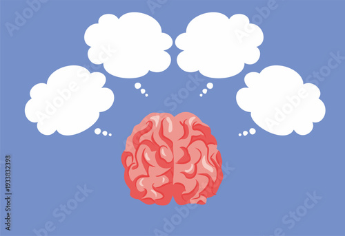 Brain having Many Ideas Being Creative Vector Illustration   Human mind conceptual drawing with four empty white thought bubbles 