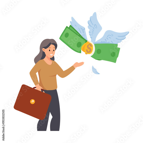 Illustration of a surprised woman as paper money with wings flies out of her large brown leather wallet.