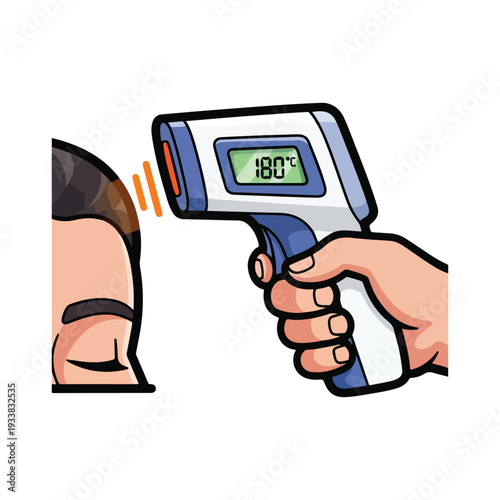 Hand holding infrared thermometer pointing at person's forehead, displaying temperature on screen, capturing health check moment
