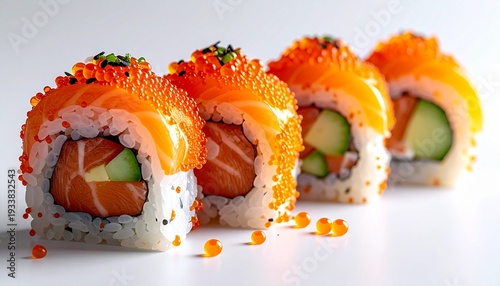 Delicious Salmon Sushi Rolls with Tobiko and Cucumber.
