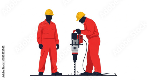 Construction Workers Operating Drill Machine.