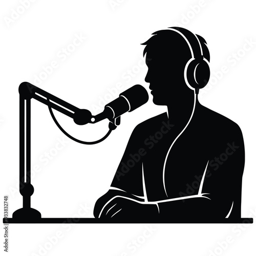 Podcast host speaking into microphone wearing headphones at desk, silhouette vector