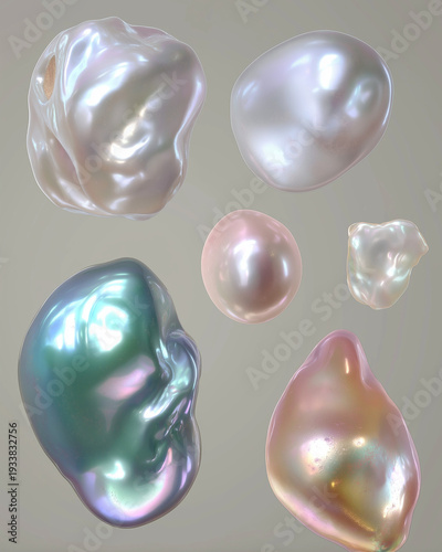 Iridescent Baroque Pearls Set Minimal, Glossy baroque and round pearls with rainbow nacre shine on a soft neutral background; luxury jewelry.