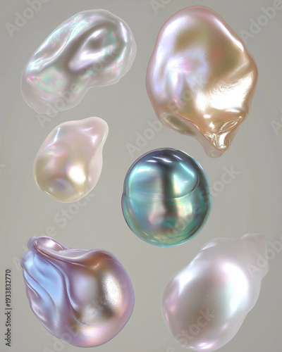 Iridescent Baroque Pearls Set Minimal, Glossy baroque and round pearls with rainbow nacre shine on a soft neutral background; luxury jewelry.