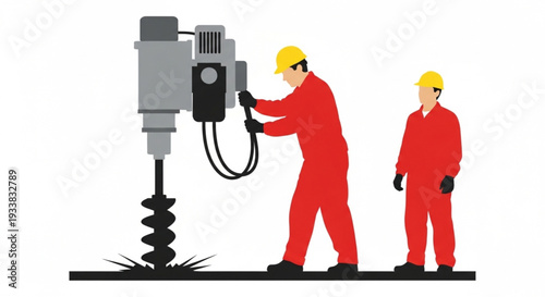 Construction Workers Operating Drill Machine.