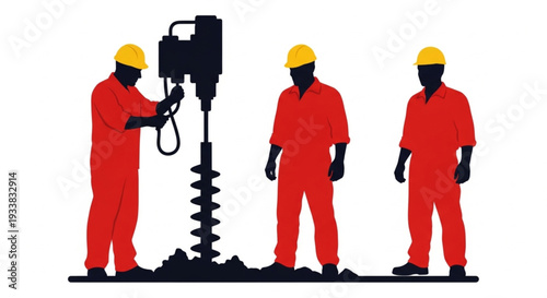 Construction Workers Operating Drilling Equipment on Site.