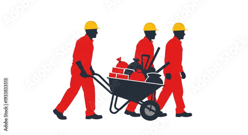 Construction Workers Pushing Wheelbarrow Together.