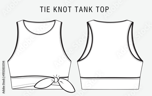Women's tie knot tank top flat sketch. Cropped sleeveless shirt front and back view. Apparel technical CAD drawing vector template.