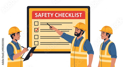 Construction workers review safety checklist on site.