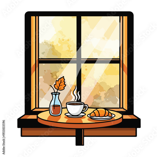 A serene breakfast scene viewed from inside, with a cup, croissant, and syrup on a table by the window in a cozy morning atmosphere