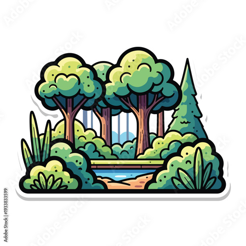 Serene forest landscape with trees, pond, and lush greenery in a vibrant illustration from a bird's eye view
