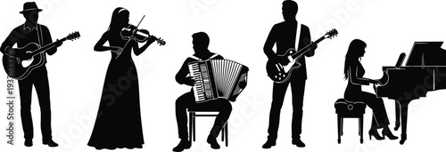  Black Silhouette Collection of Musicians Playing Musical Instruments Including Guitar Violin Accordion and Piano Isolated on White Background for Live Concert Event Posters and Band Performance Graph