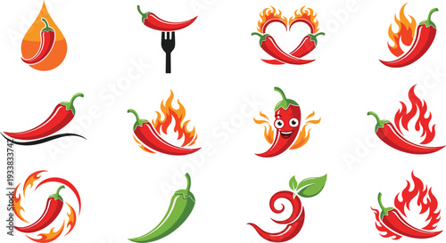 Set of hot chili pepper logo designs featuring spicy red and green peppers with flames, fire, forks and heart shapes for restaurant branding, mexican food menus and spicy sauce packaging.