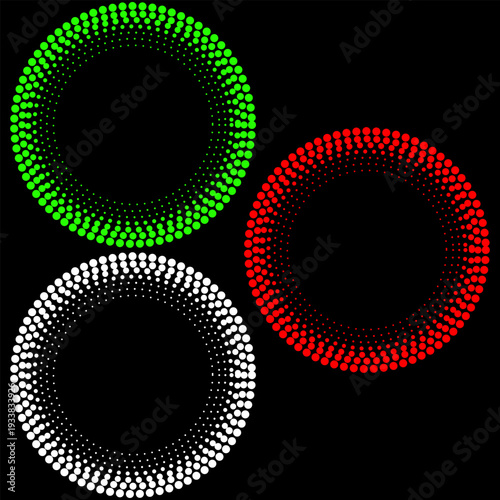 Vector graphic illustration of three circular designs in green, red, and white colors, composed of halftone dots on a black background, perfect for modern graphic design elements.
