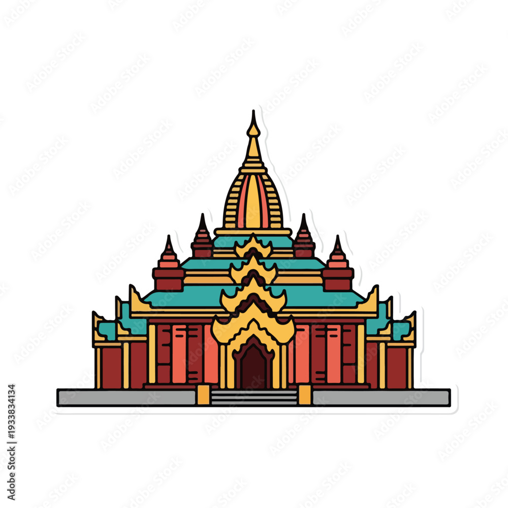 Obraz premium Vibrant temple with golden spire and teal roofs, traditional architecture, front view