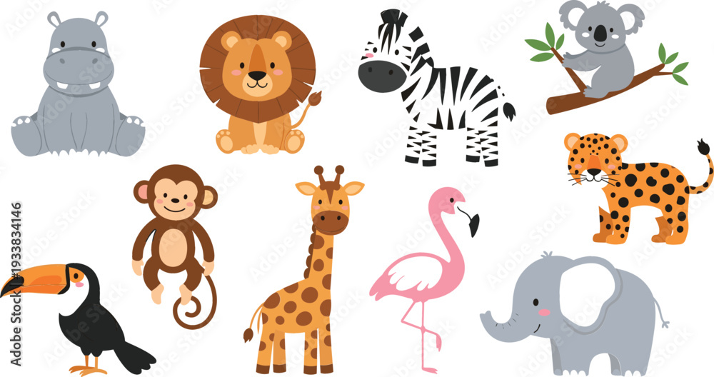 Fototapeta premium Cute safari animals cartoon set, lion zebra elephant giraffe monkey flamingo koala, adorable jungle animals illustration for kids