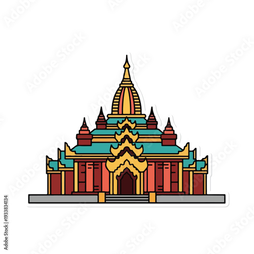 Vibrant temple with golden spire and teal roofs, traditional architecture, front view