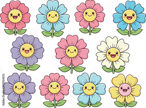 Smiling flowers arranged in a grid pattern with colorful petals and happy faces