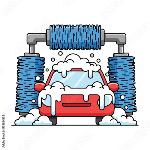 Red car undergoing thorough car wash with soap suds and water spray from large blue brushes