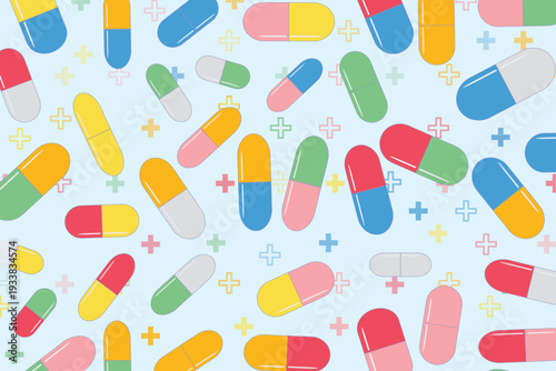pill capsule background , healthcare drug pharmacy store concept, colorful cute style, flat vector art