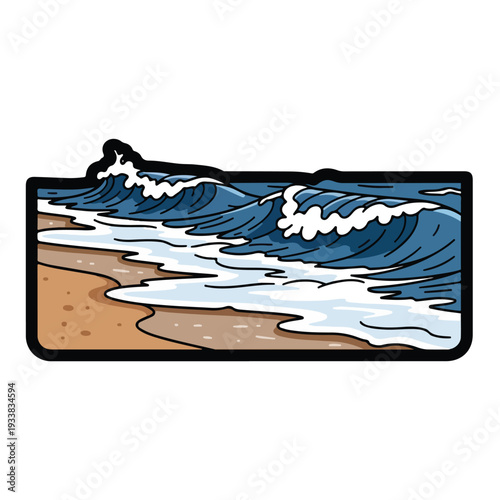 Waves crashing on the sandy beach shoreline with ocean spray illustration