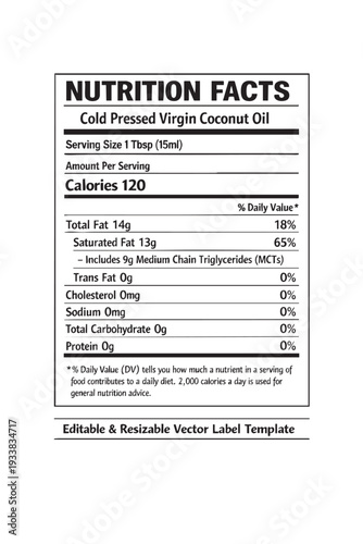 Nutrition facts label template for coconut oil cutout isolated illustration on transparent background layout