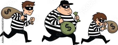 Vector illustration set of cartoon burglars running with money bags and cash featuring thieves in striped shirts and masks for crime security concepts today.