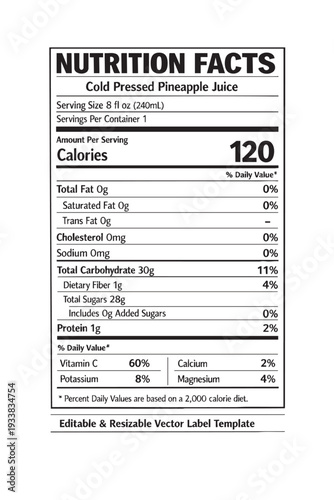 Nutrition facts label template for cold pressed pineapple juice cutout isolated illustration on transparent background layout
