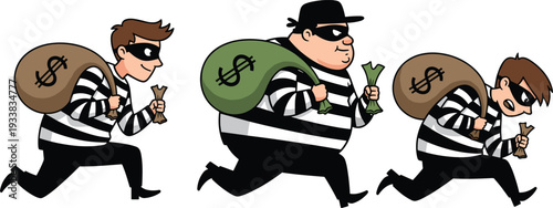 Vector illustration set of cartoon burglars running with money bags and cash featuring thieves in striped shirts and masks for crime security concepts.
