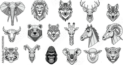 Geometric animal head icons set, low poly wildlife logo collection, polygonal animal faces illustration, modern minimalist emblem design