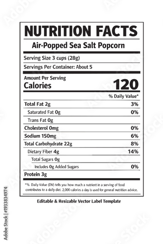 Nutrition facts label template for popcorn cutout isolated illustration on transparent background layout
