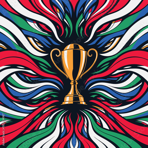 Golden trophy cup on podium with fireworks and city skyline at night