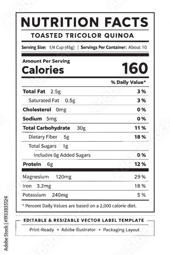 Nutrition facts label toasted tricolor quinoa cutout isolated illustration on transparent background layout