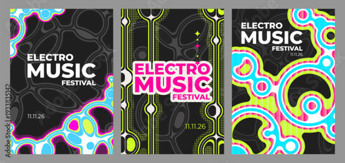 Abstract music poster with colorful geometric patterns and halftones, retro vector background set. Modern sound design for party flyers, concert invitations, electronic music event templates