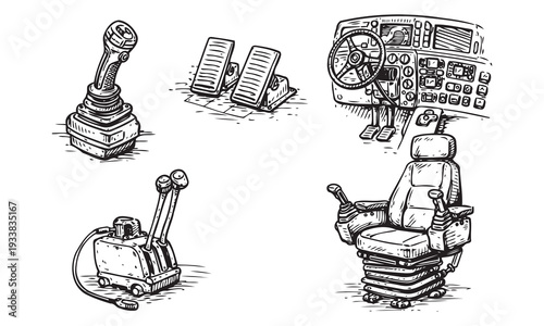 Hand Drawn Machinery Cabin Controls Vector Set Industrial Operator Panel Sketch Collection