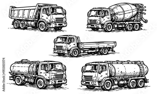 Rough Sketch Construction Transport Trucks Hand Drawn Industrial Vehicle Vector Set