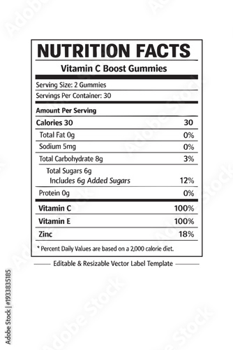 Nutrition facts label vitamin C boost gummies cutout isolated illustration on transparent background layout