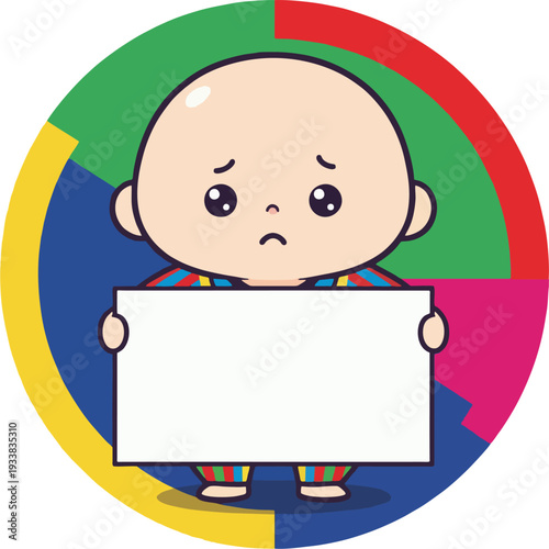 Sad cartoon baby holding a blank sign in front of a colorful abstract circular background