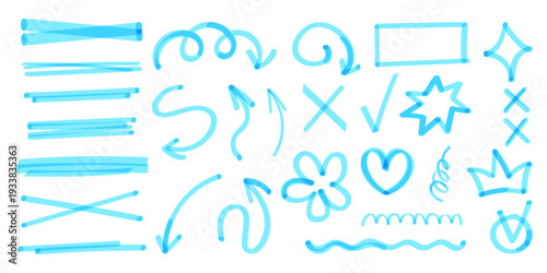 Hand drawn marker highlights and underlines, blue pen doodle strokes, vector set isolated on white. Check box on whiteboard, arrows, star and heart marks for emphasis, marker texture elements