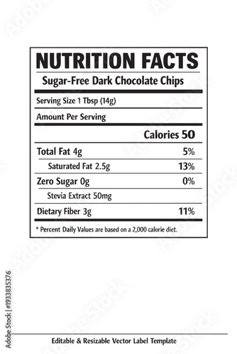 Nutrition facts sugar free dark chocolate chips label template cutout isolated illustration on transparent background layout