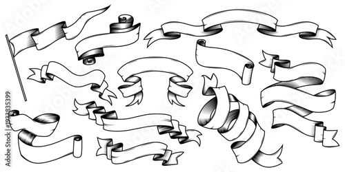 Vintage ribbon banner, hand drawn scroll with engraved details, isolated vector illustrations on white. Antique parchment style, retro sketch labels or emblems and old decorative borders or tags