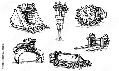 Hand Sketched Construction Attachments Vector Collection Industrial Machine Parts Illustration Set