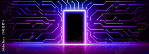 Futuristic digital door glowing with purple neon light, abstract vector background. Opened cyber portal or gate with circuits lines effect, high tech entrance or exit concept