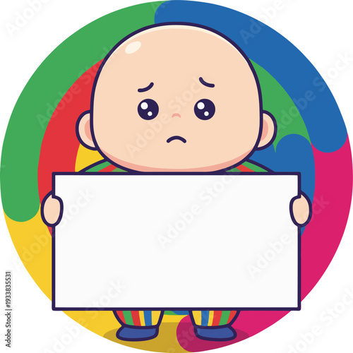 Sad Cartoon Baby Holding a Blank Sign on a Colorful Swirl Background