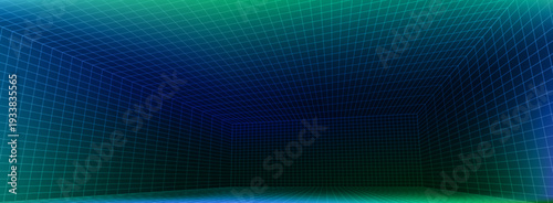 3D wireframe grid room with perspective lines, immersive digital space for VR metaverse games. Vector background of futuristic cyber environments with neon blue green grid accents.